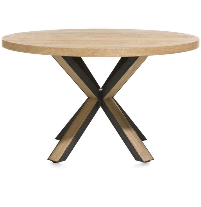 eetkamertafel ovada rond en metalen zwarte poot met een eikenhouten inleg.