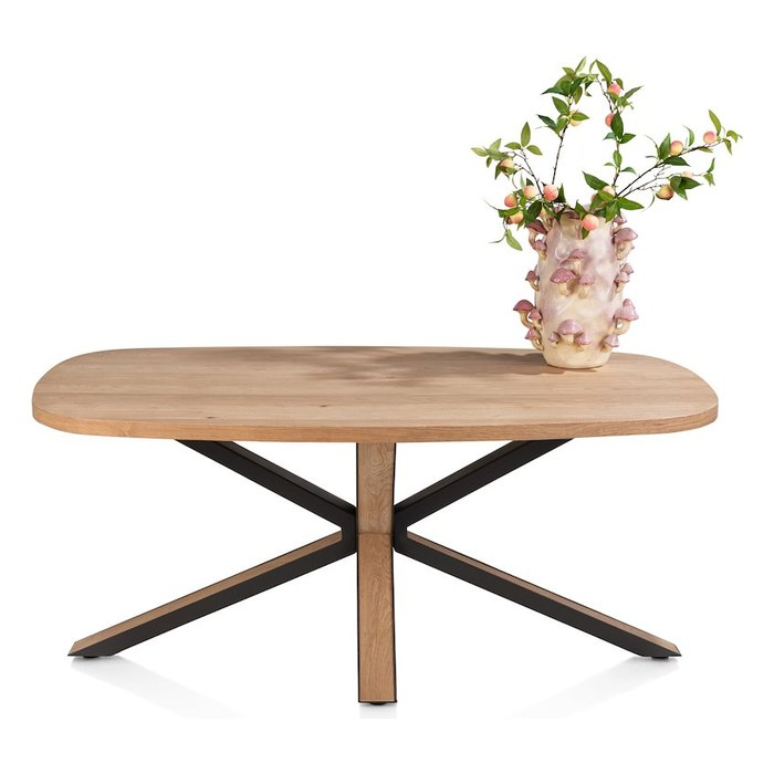 Ovale eettafel Bonaire 180 cm in eikenhout, vooraanzicht van de middenpoot met vier schuine zwarte armen met houtinleg