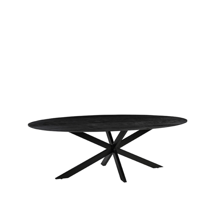 Ovale eettafel Jens 210 cm in mangohout zwart met spinpoot, schuin van voren
