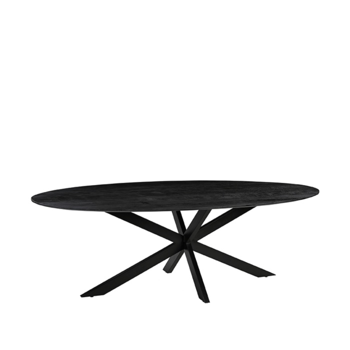 Ovale eettafel Jens 240 cm in mangohout zwart met spinpoot, schuin van voren