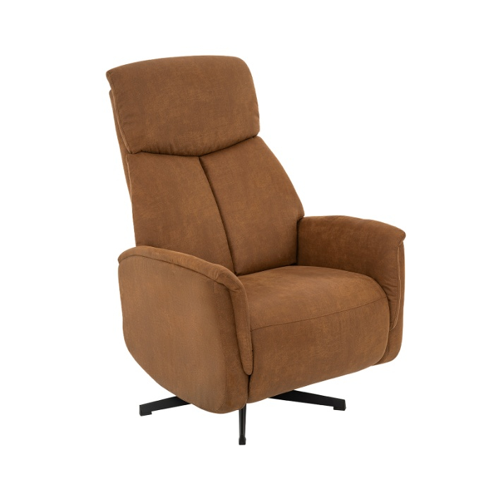 Relaxfauteuil elektrisch Aafke in cognac micro-suède, schuin van voren
