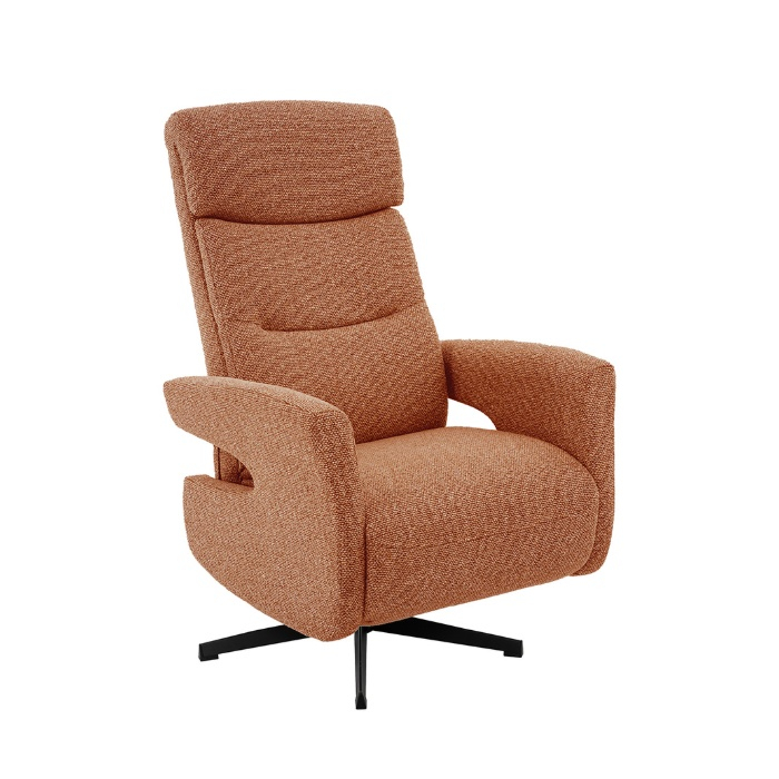 Relaxfauteuil elektrisch Twan in cognac bouclé, schuin van voren
