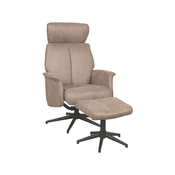 Relaxfauteuil Veerle met hocker in taupe micro-suède, schuin van voren