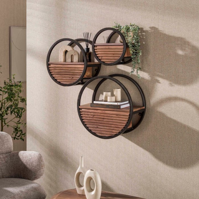 Rond wandschap met lade 40 cm Romy bruin met bronskleurig frame - sfeerfoto 1