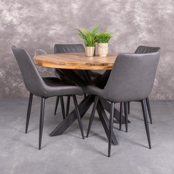 Eettafel rond. Diameter: 110 cm. Mangohout 6cm dik blad. Met spinpoot zwart