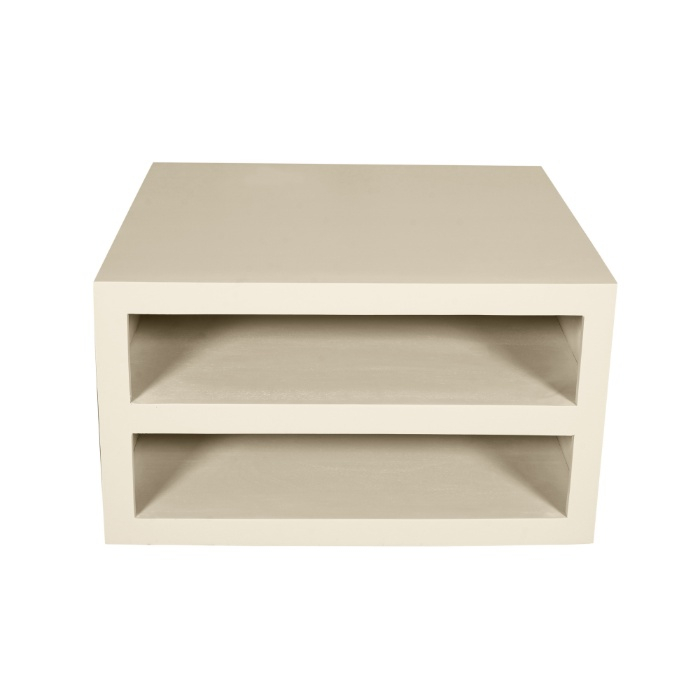 Salontafel Brussel zand mangohout 80 cm vierkant schuin vooraanzicht met open vak