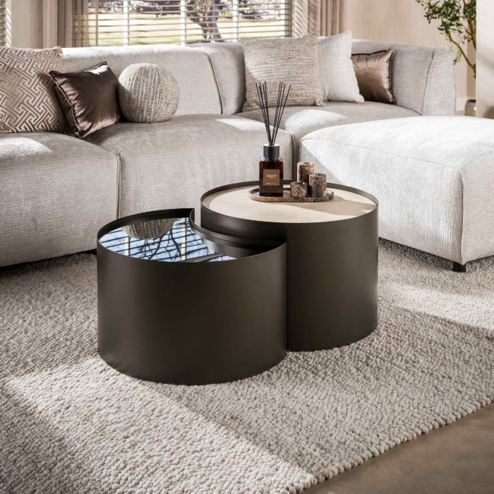 Salontafel half rond travertinlook met rookglas Berno set van 2 - sfeerfoto 1