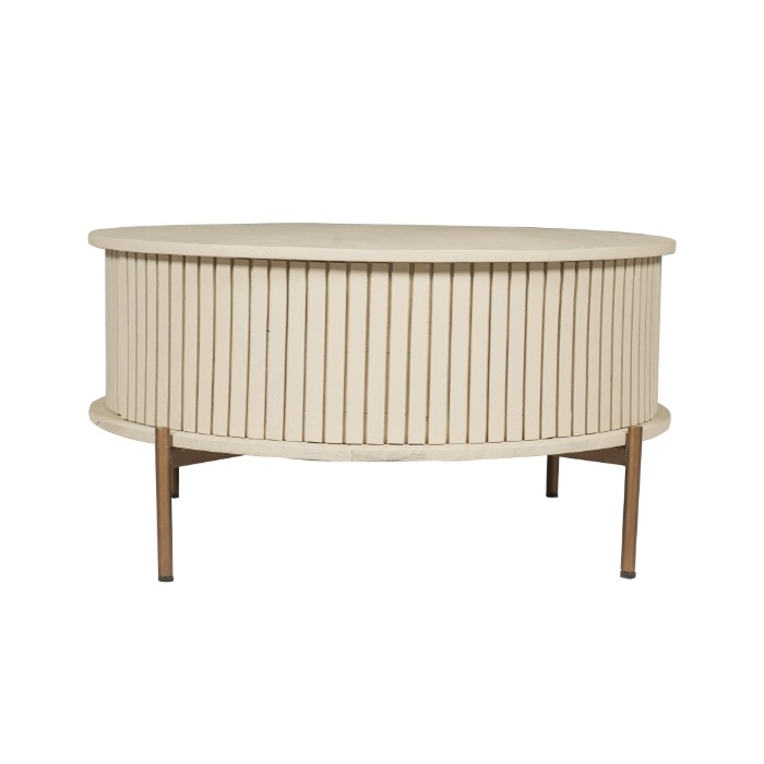 Salontafel Madison rond zand mangohout 80 cm vooraanzicht met lattenrand