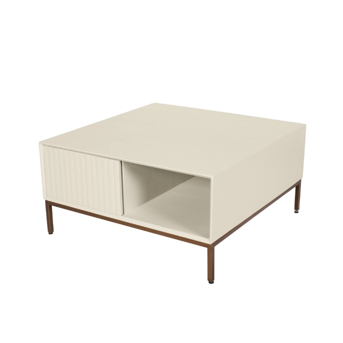 Salontafel Madison vierkant zand mangohout 80 cm vooraanzicht met open vak en lade