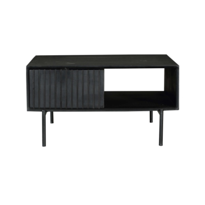 Salontafel Madison vierkant zwart mangohout 80 cm vooraanzicht met open vak en lade