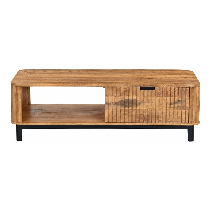 Salontafel Max 130 cm mangohout - vooraanzicht met lade en open vak
