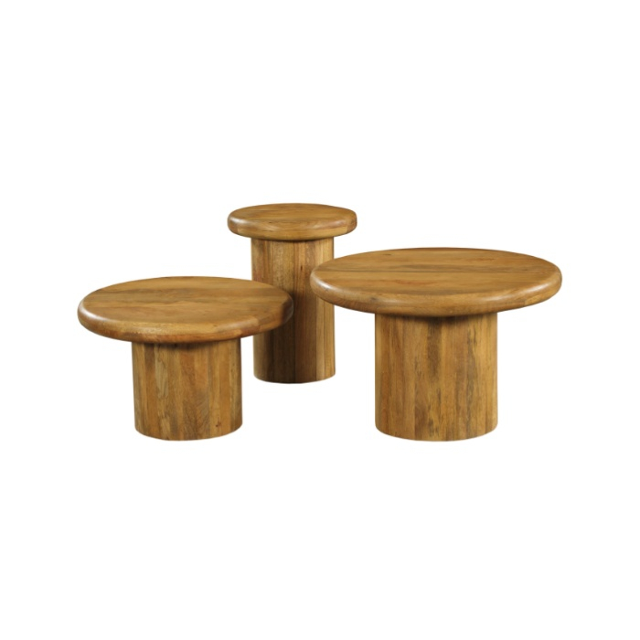 Set van 3 ronde salontafels Maya van mangohout naturel met organische voet