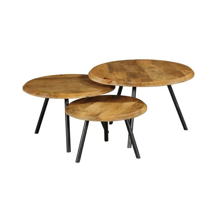 Set van 3 ronde salontafels Ohio van mangohout naturel met zwarte metalen poten