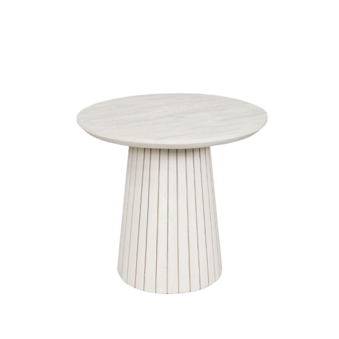 Salontafel Solana rond zand mangohout 50 cm driekwart aanzicht met geribbelde voet