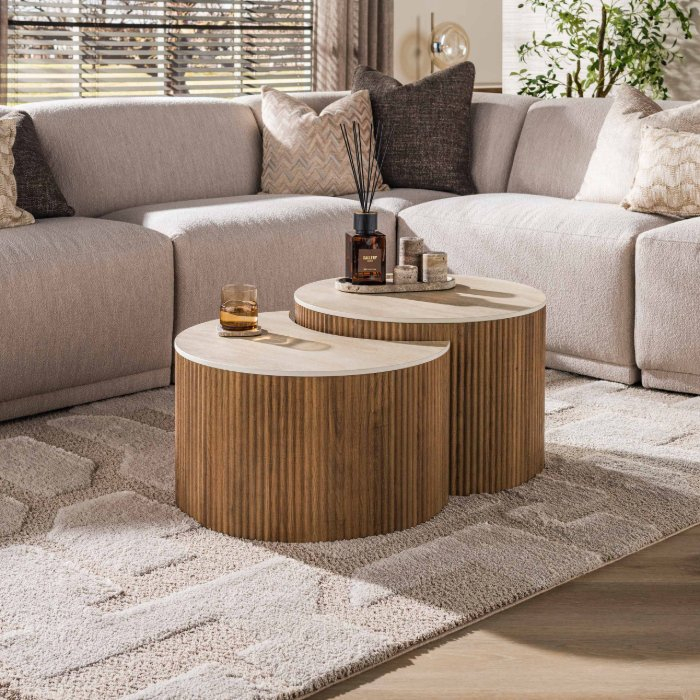 Travertinlook salontafel half rond Arda set van 2 60 cm - sfeerfoto 1