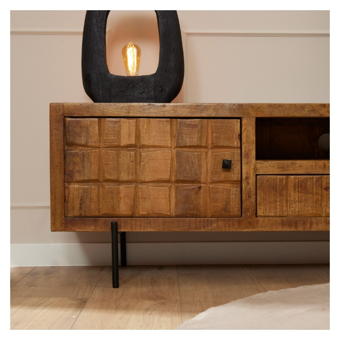 Tv-meubel Brandy mangohout 180 cm met open vak, twee deuren en lade