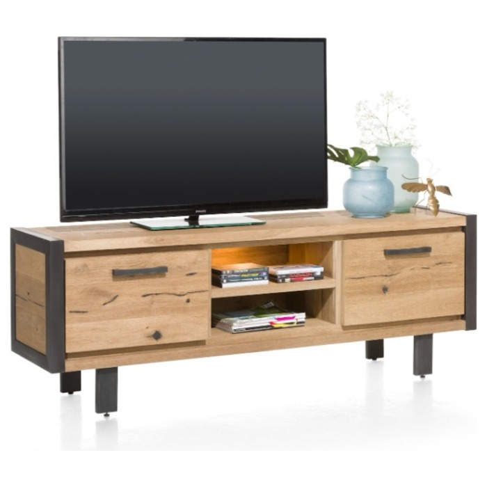 Eiken tv-meubel Brooklyn 170 cm met 2 kleppen, 2 niches en LED