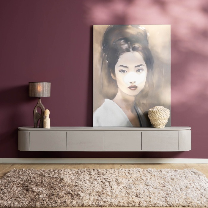 Zwevend tv-meubel Excellent taupe mangohout 240 cm in sfeervolle woonkamer
