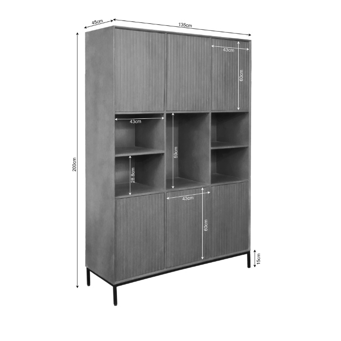 Vakkenkast Madison XL zwart 135 cm vooraanzicht met open vakken en zes deuren