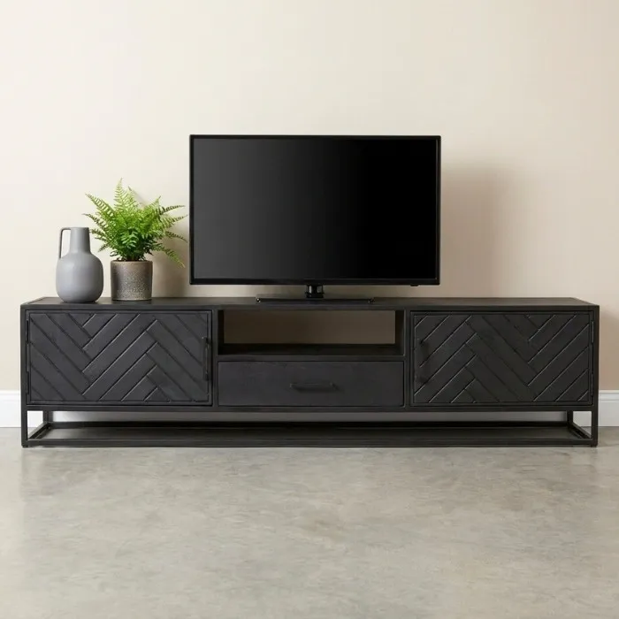 Tv-meubel met twee visgraat deuren, een lade en openvak. 