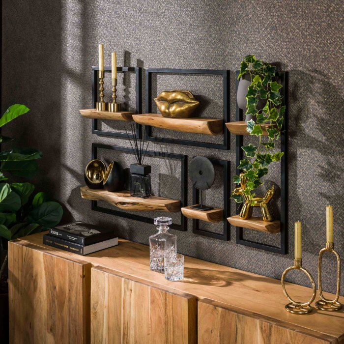 Wandschappen set van 5 Brix acaciahout naturel met metalen frame - sfeerfoto 1