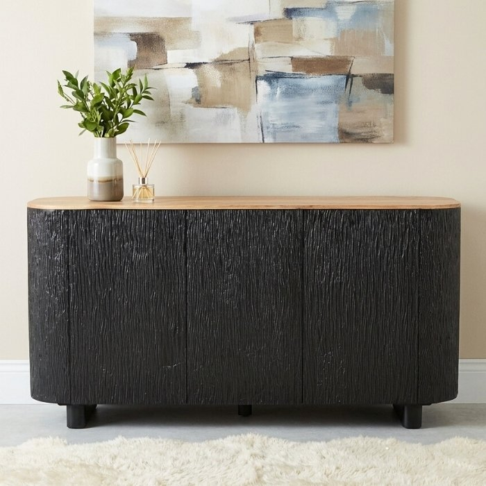 Dressoir zwart hout met eiken bovenblad 165 cm