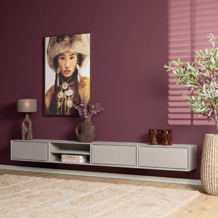 Zwevend tv-meubel Ambiance Taupe 280 cm in sfeervolle woonkamer