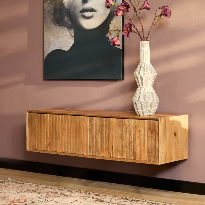 Zwevend tv meubel Madison Naturel mangohout 120 cm - sfeerbeeld