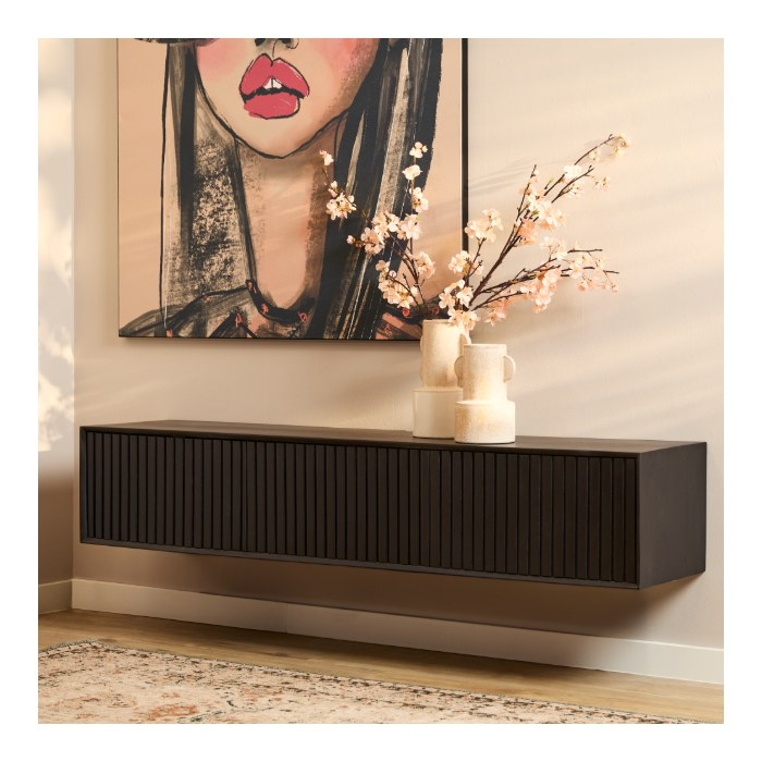 Zwevend tv meubel Madison Zwart mangohout 160 cm - sfeerbeeld