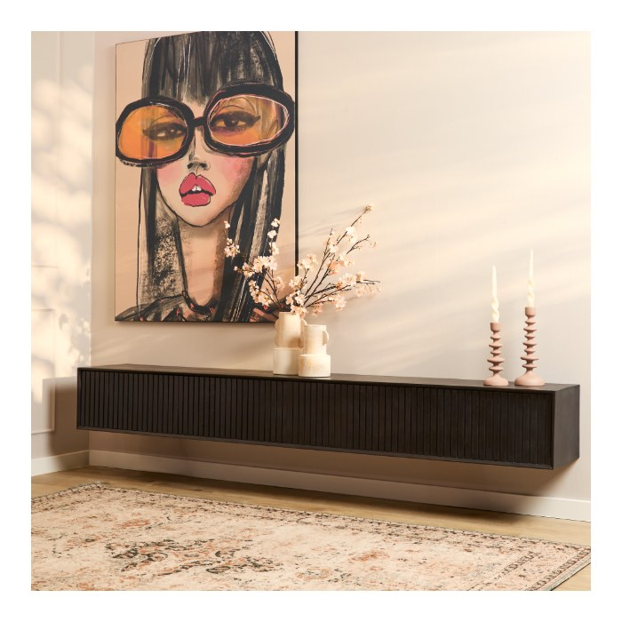 Zwevend tv meubel Madison Zwart mangohout 240 cm - sfeerbeeld