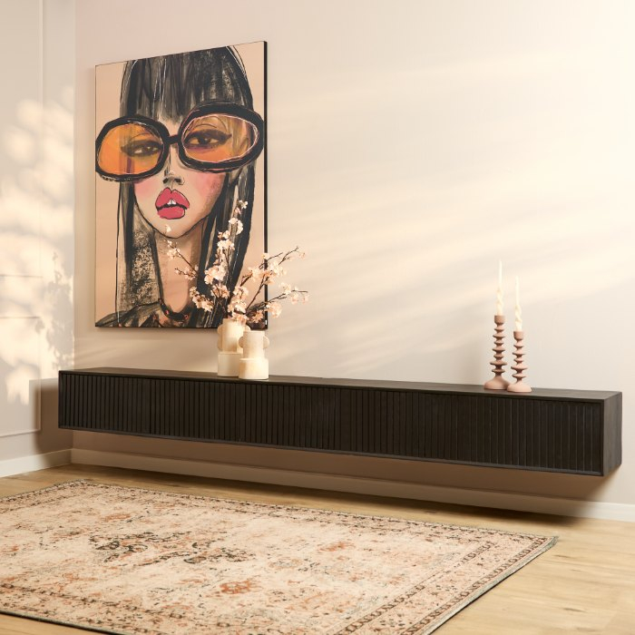 Zwevend tv meubel Madison Zwart mangohout 280 cm - sfeerbeeld
