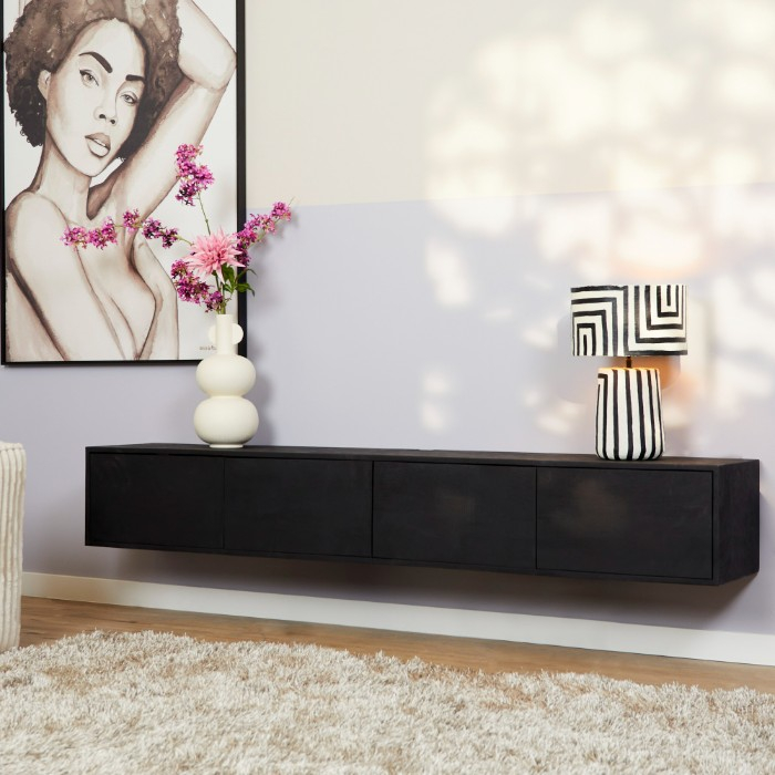 Zwevend tv meubel Vision Zwart mangohout 200 cm - sfeerbeeld