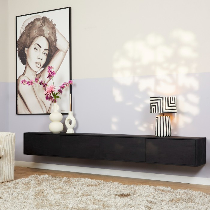 Zwevend tv meubel Vision Zwart mangohout 240 cm - sfeerbeeld