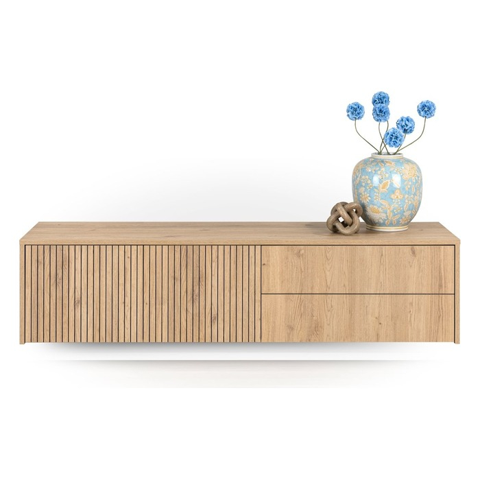 Zwevend tv meubel Vivian 160 cm naturel met groeffronten, zwevend aan de wand