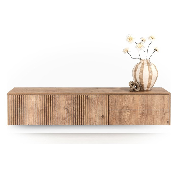 Zwevend tv meubel Vivian 190 cm barnwood met groeffronten, zwevend aan de wand