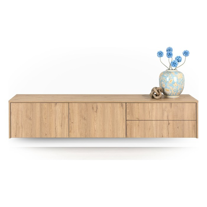 Zwevend tv meubel Vivian 190 cm naturel met vlakke fronten, zwevend aan de wand