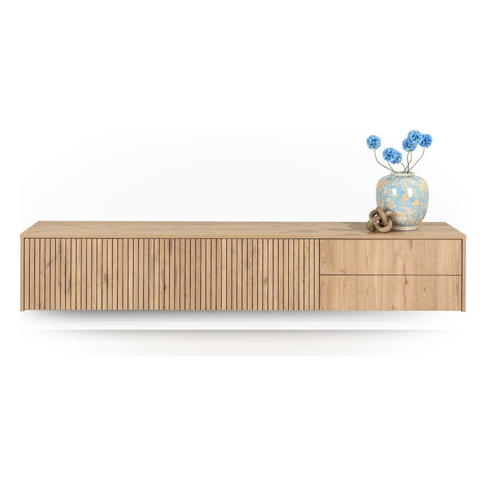 Zwevend tv meubel Vivian 220 cm naturel met groeffronten, zwevend aan de wand