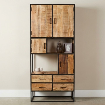 Kast mangohout met zwart staal. Met deuren, laden en 2 open vakken.