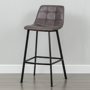 Grijze barkruk met onderstel van zwart staal.