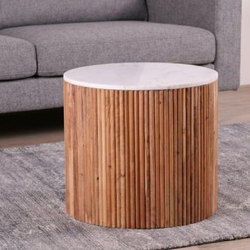Ronde bijzettafel acaciahout met marmer bovenblad.