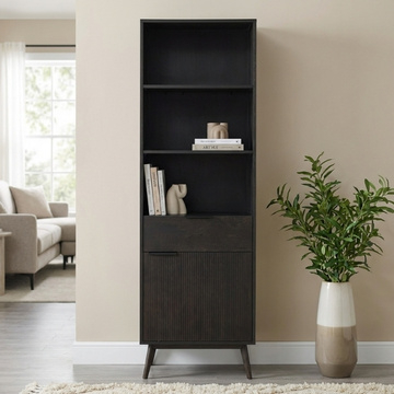 Houten boekenkast met open vakken, lade en deur