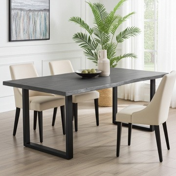 Grijze boomstam eettafel met stalen poten.