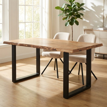 Acacia boomstam eettafel 160 cm met zwarte stalen U-poot.