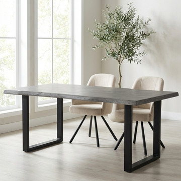 Grijze boomstamtafel 180 cm licht gezandstraald met zwarte U-poten.