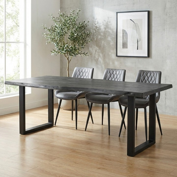 Grijze boomstamtafel 200 cm licht gezandstraald met zwarte U-poten.