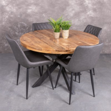 eettafel rond 110 diameter. Mangohout 6cm dik blad. Met spinpoot van zwart metaal