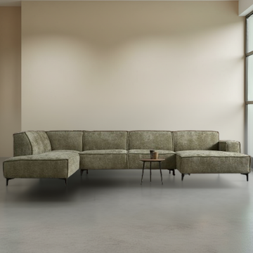 Sfeerafbeelding van de hoekbank River in het groen en u-opstelling. 