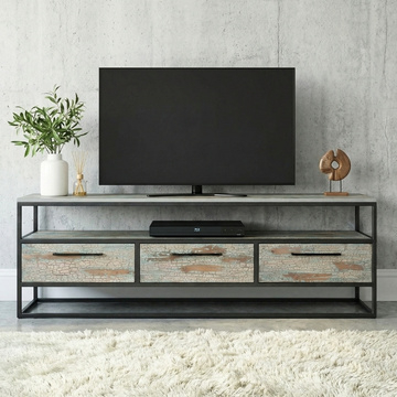 Goedkope industriële tv kast groen. 180 cm breed.