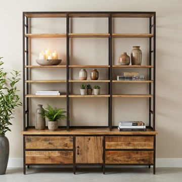 Industriële boekenkast mangohout met staal.