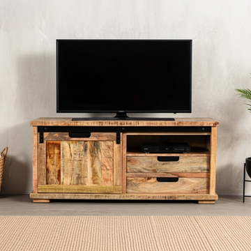 Klein tv meubel gemaakt van mangohout met een schuifdeur, twee laden en een open vak.